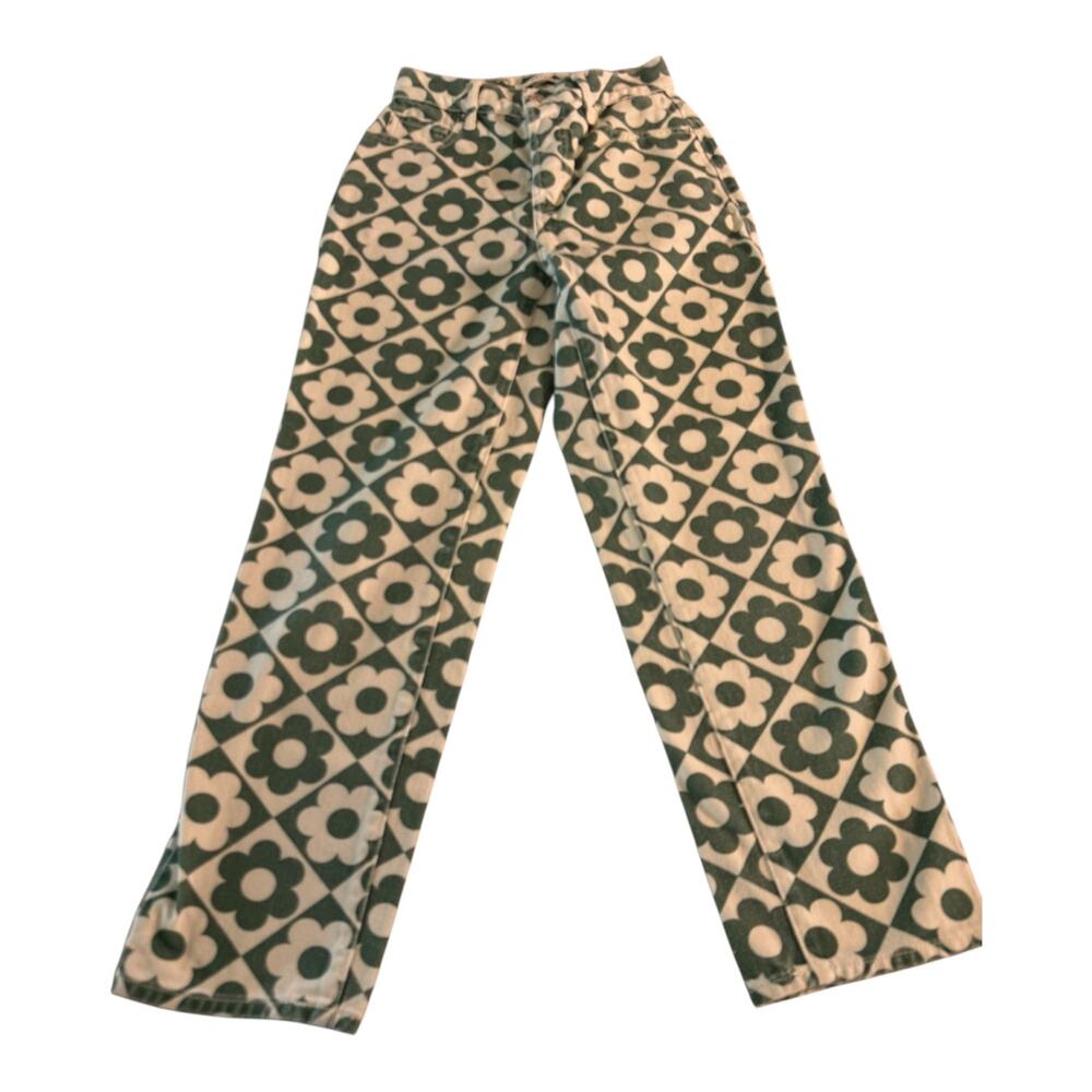 PacSun Daisy Floral High Rise Straight Jeans Women’s 23 Green White Y2K